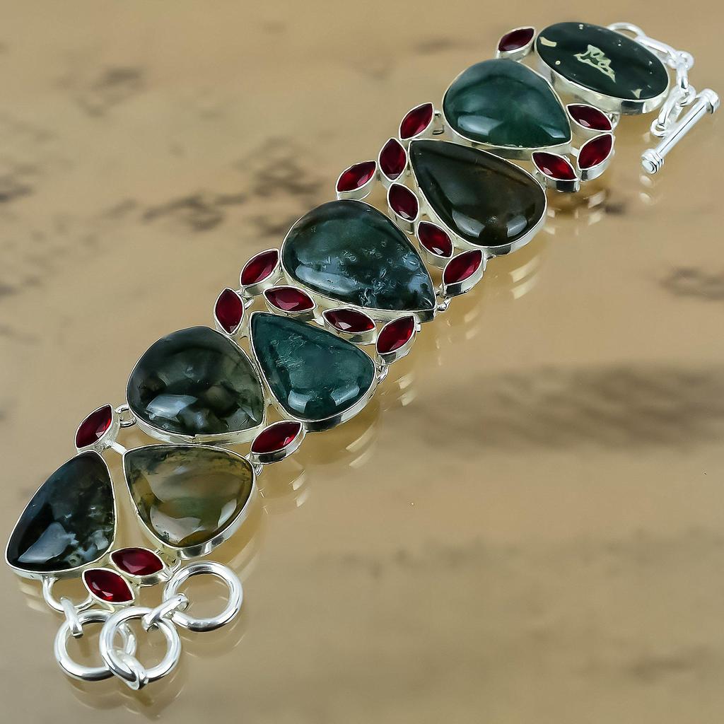 Natural Solar Moss Agate Gemstone 925 Silver Chain Adjustable Bracelet For Girls