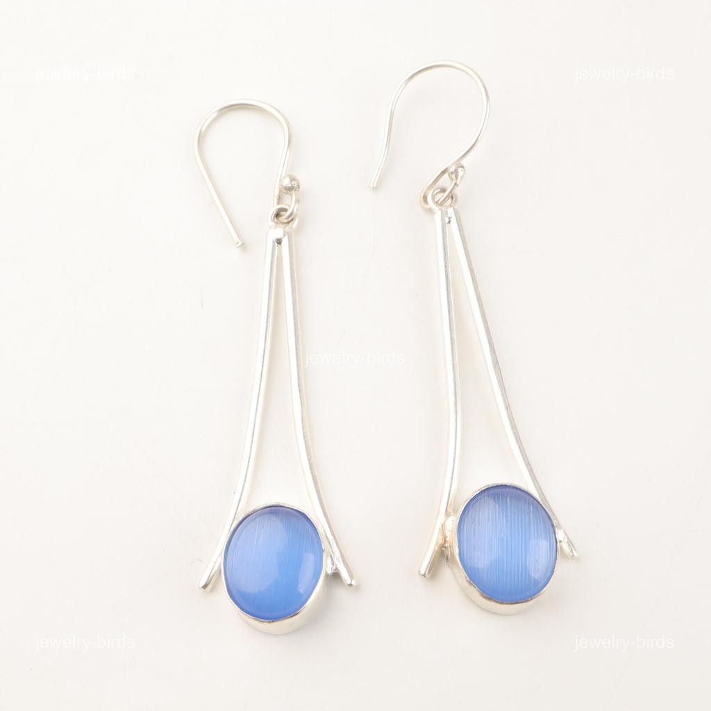 Natural Dark Blue Cat's Eye Sterling Silver Drop Mothers day Earrings Jewelry EE-136-34