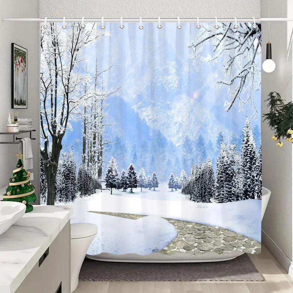 Winter Outdoor Forest Snow Shower Curtain Farmhouse Mountain Landscape Polyester Fabric Washable Shower Curtains Bathroom Decor