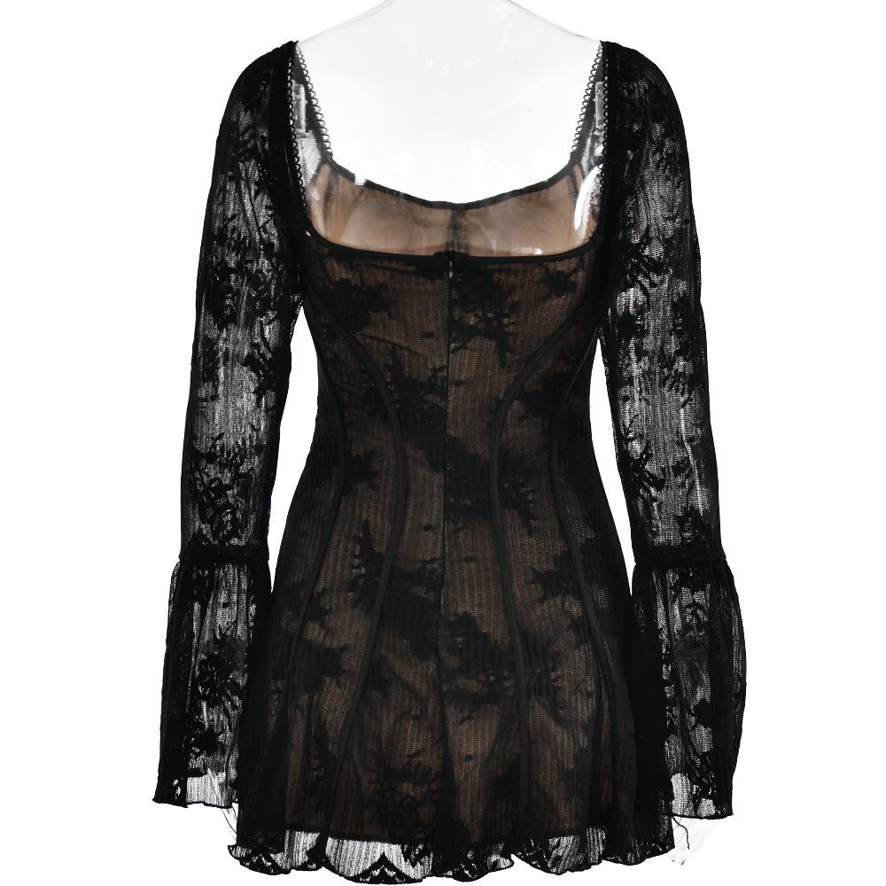 Europäisches & Amerikanisches Spitzenkleid mit Trompetenärmeln und trägerlos: Französischer Lässiger Rückenfreier Hüftbetonter Kurzer Rock