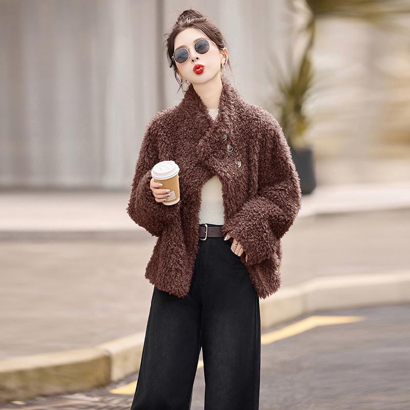 Women's Wool Fur-Trim Coat - Autumn/Winter, Casual Loose Fit, Stand-Up Collar, Single-Breasted (HE8835)