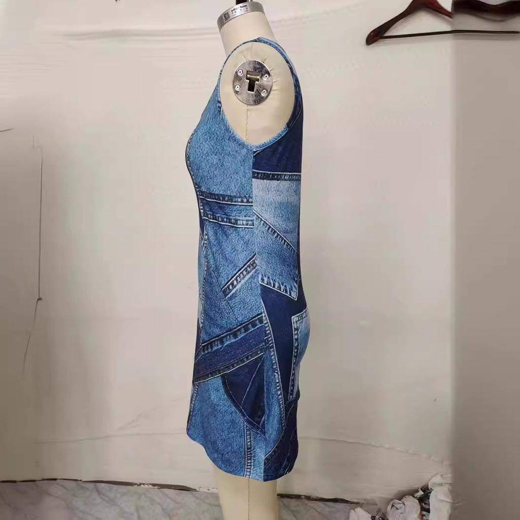 GMXIA Frühling Sommer Damenmode Denim Print Damen Kleid Frauen