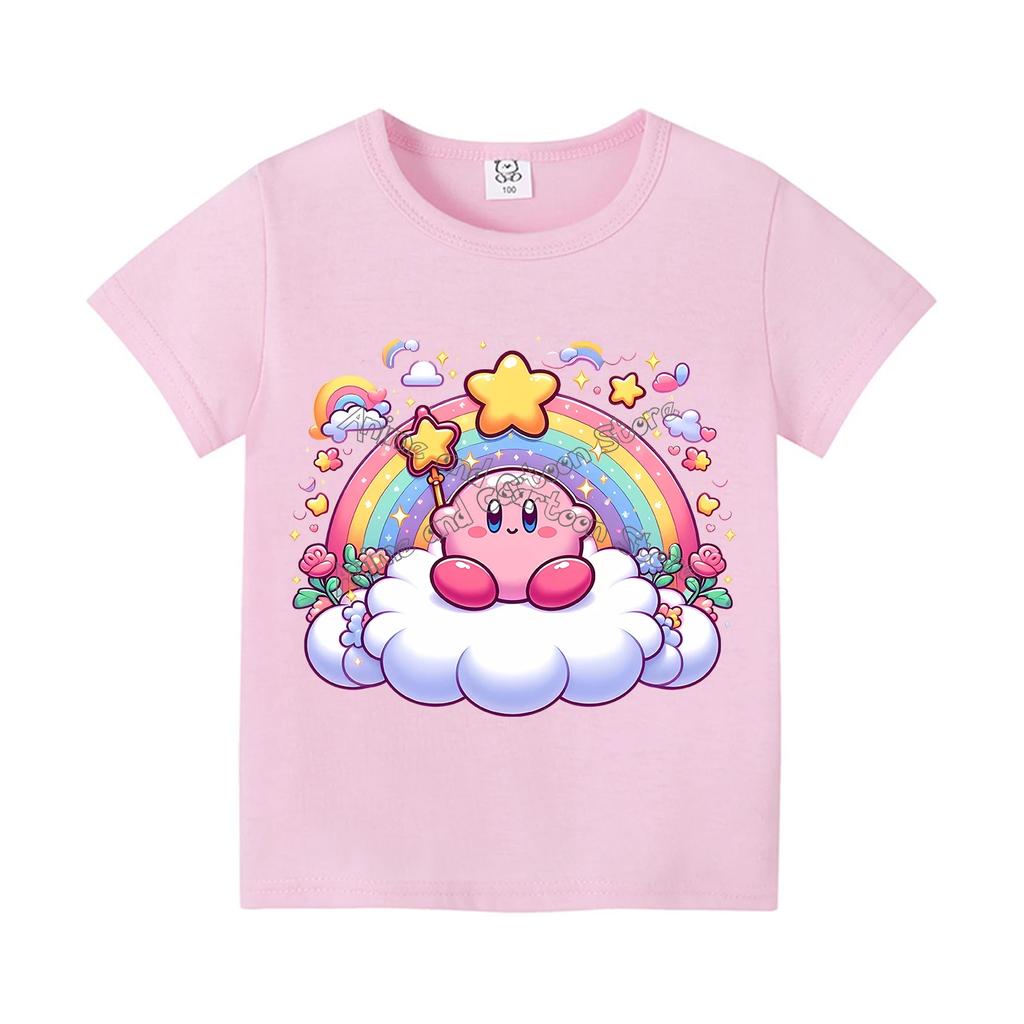 Kirby Neues T-Shirt für Kinder Spielfigur Tee Top Kawaii Anime Kleidung Mode Cartoon Kurzarm Kinder Lockere Kleidung Geschenk