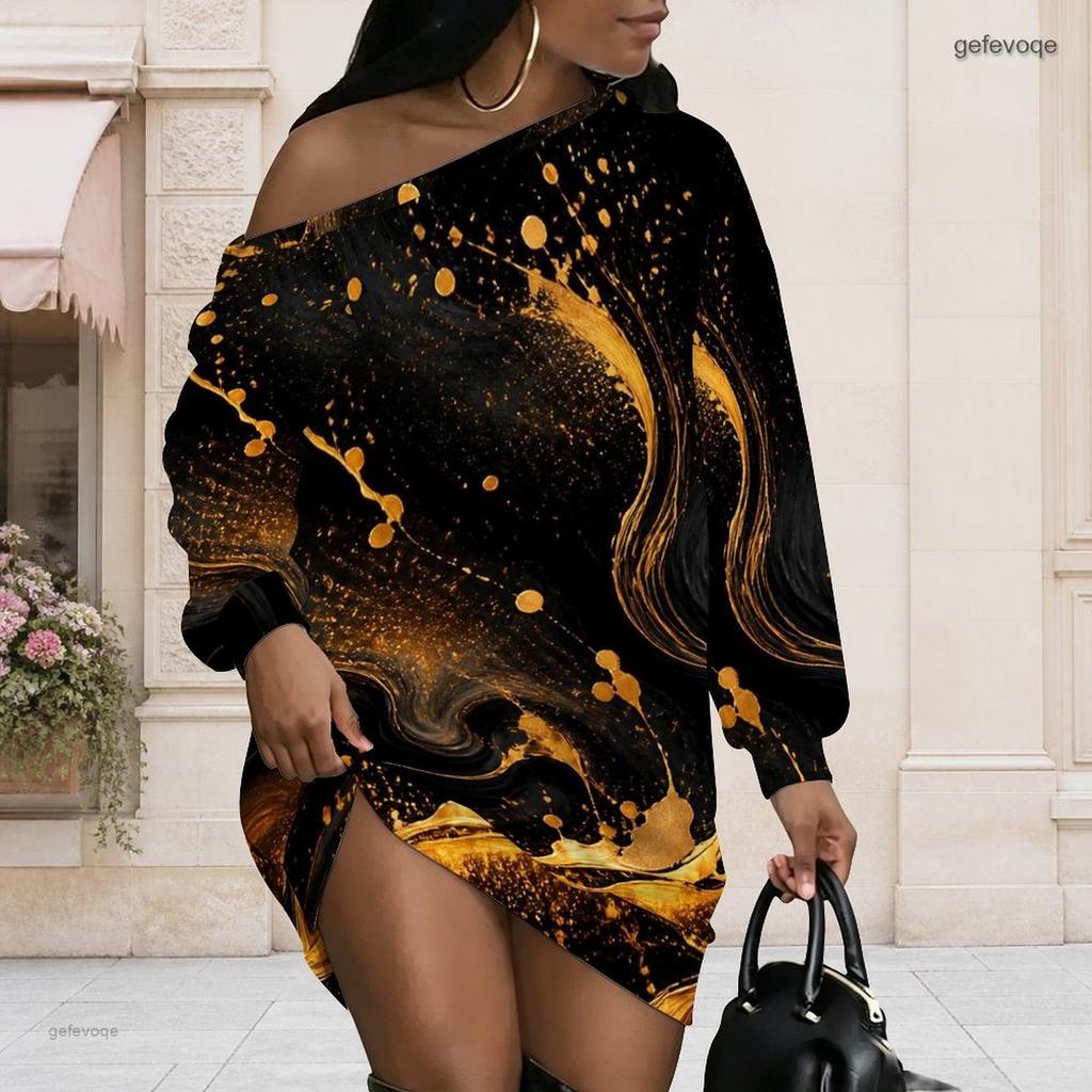 Women Plus Size One Shoulder Long Sleeve Galaxy Print Loose Tunic Dress