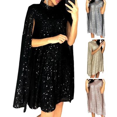 Vestido de lantejoulas feminino, gola alta, sem mangas, design de fenda, vestido de coquetel brilhante, vestido de festa feminino