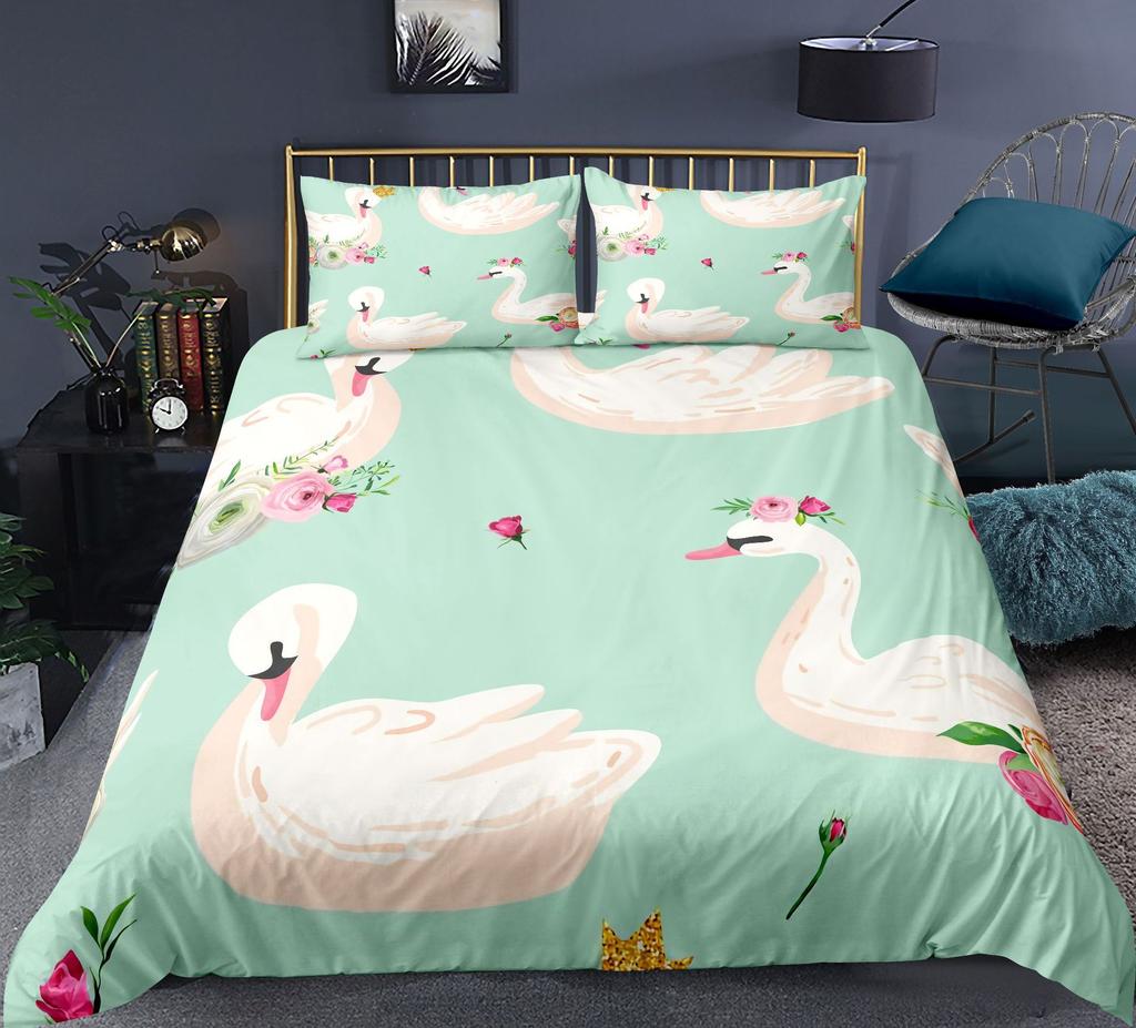 Swan Duvet Cover Set Rose Crown Comforter Cover Polyester Bedding Set Sweet Girl Romantic Quilt Cover Pink Red King Twin Size