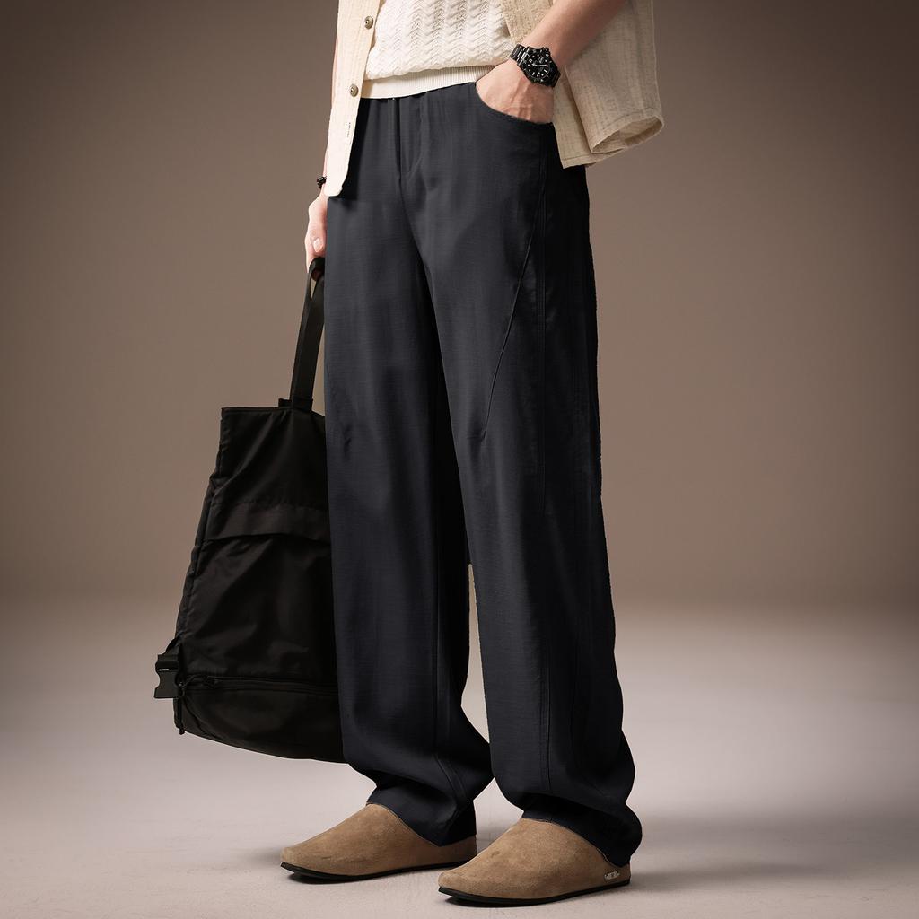 High-end old money Fengtencel linen drape casual pants men's summer thin splicing loose straight wide-leg pants