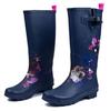 Marineblaue Damen-High-Top-Regenstiefel aus Gummi mit Blumenmuster