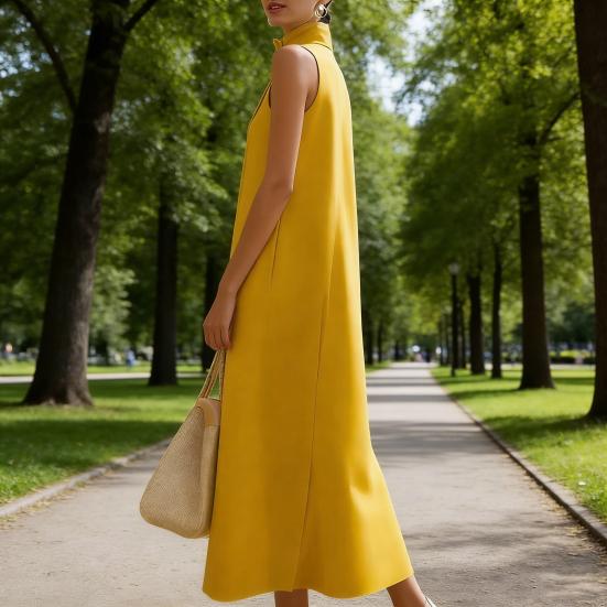 Damska Długa Sukienka z Kołnierzem Stojącym Bez Rękawów Jedno Guzik A-line Maxi Formalna Biznesowa Biurowa Sukienka do Pracy