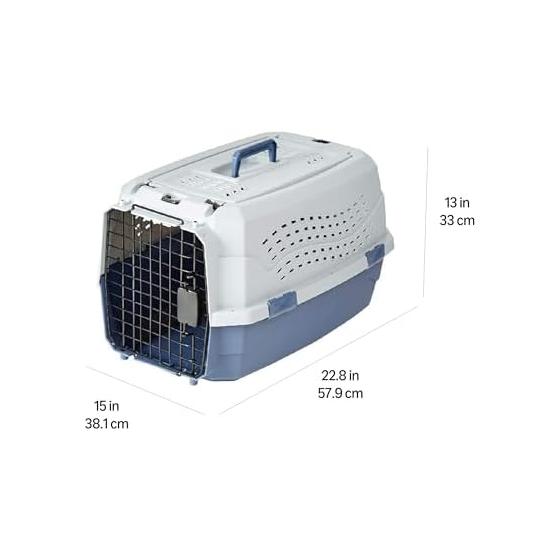 AmazonBasics Pet Carrier Double Door for Small Dogs and Cats Up To 9kg M Size Width 38 X Depth 58 X Height 33cm Gray Blue