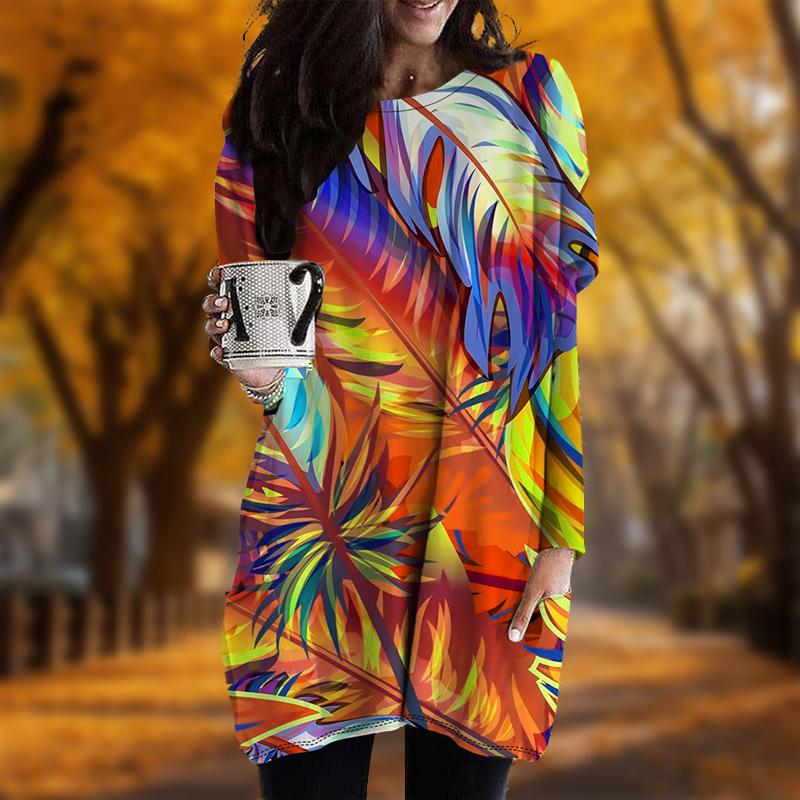 Neu im Herbst Ölgemälde Federn Druck Übergröße Kleid Damen O-Ausschnitt Langarm Lässig Taschenkleider