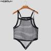 INCERUN Men Summer Strap Sleeveless Glitter See Through Mesh Party Irregular Tank Tops