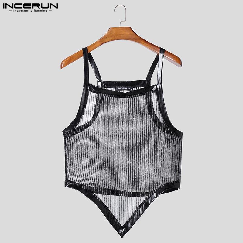 INCERUN Men Summer Strap Sleeveless Glitter See Through Mesh Party Irregular Tank Tops