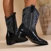 Vintage Drukowane Westernowe Buty Kowbojskie Damskie Szpiczasty Nosek Średnie Obcasy Buty do Połowy Łydki Kobieta Patchwork Wsuwane Wysokie Botas Mujer