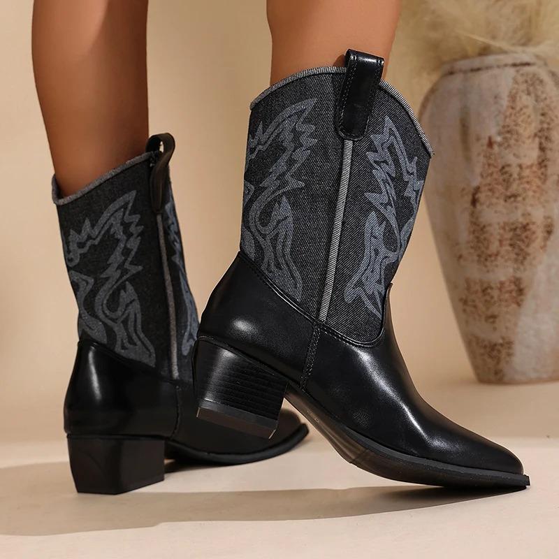 Vintage Drukowane Westernowe Buty Kowbojskie Damskie Szpiczasty Nosek Średnie Obcasy Buty do Połowy Łydki Kobieta Patchwork Wsuwane Wysokie Botas Mujer