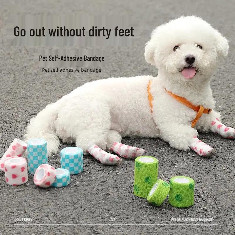 **Self-Adhesive Pet Shoe Bandages: Anti-Scratch Bichon Leggings & Disposable Foot Wraps**