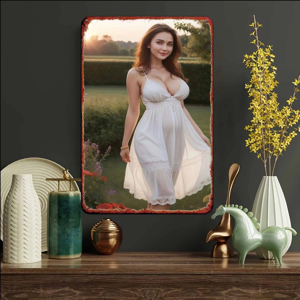 Vintage Metal Tin Sign - Farmhouse Wall Art Rustic White Dress Woman Decor for Bedroom Bar Garage Outdoor