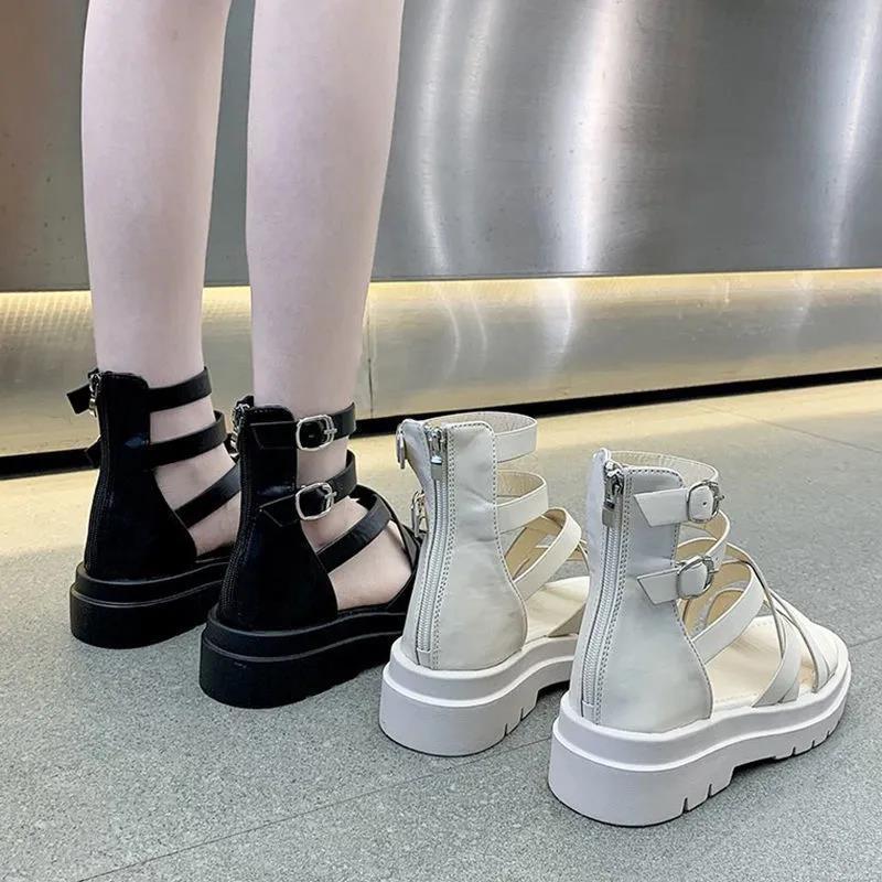 New Summer Versatile Student Fairy Style Flat Bag Heel Sandals Women's Cross Strap Roman Shoes Ins