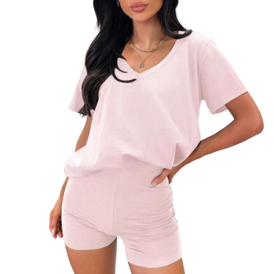 2 Pcs/Set Women T-shirt Shorts Set Suit V Neck Short Sleeves Solid Color Loose Top High Waist Mini Shorts Sport Outfit Casual Daily Tracksuit