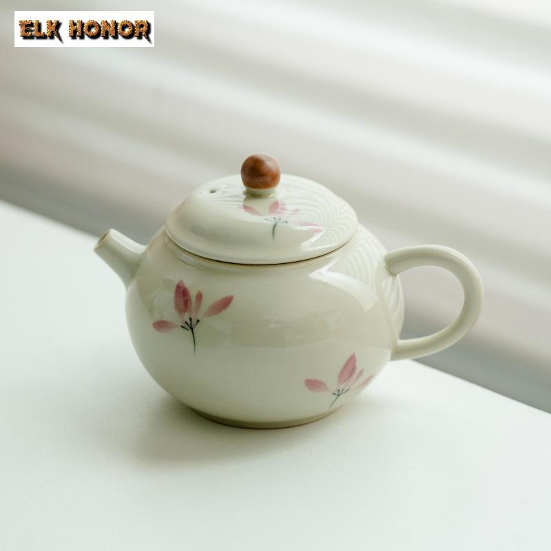 Boutique Pure Hand-painted Pink Orchid Teapot Retro Plant Ash Pot Tea Brewing Kettle with Filter Chinese Teaset Accessories Gift