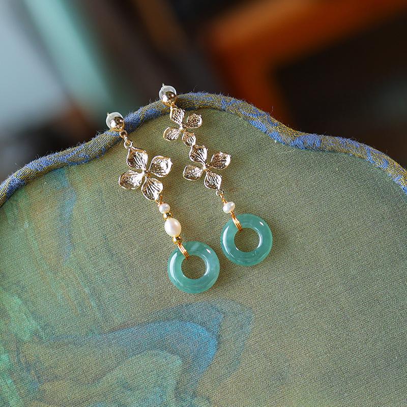 14K Gold Plated Vintage Flower Earrings with Jade, Pearl, and Blue Water Studs