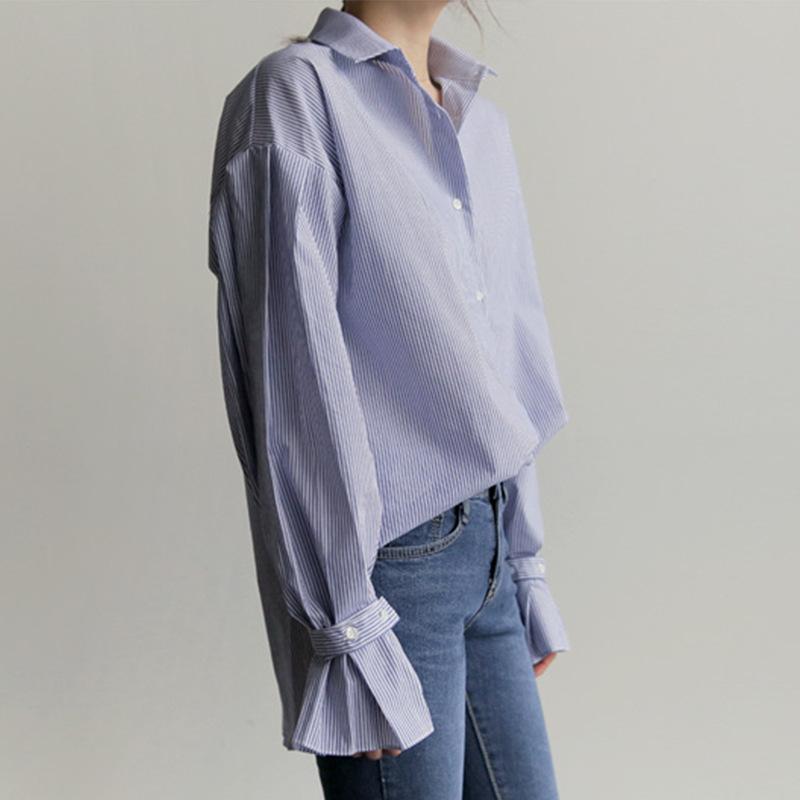 Blue Striped Shirt Female Loose Spring and Fall Lantern Sleeve Blouse Female Vertical Stripes Versatile Long-sleeved Comfortable Women's Clothes