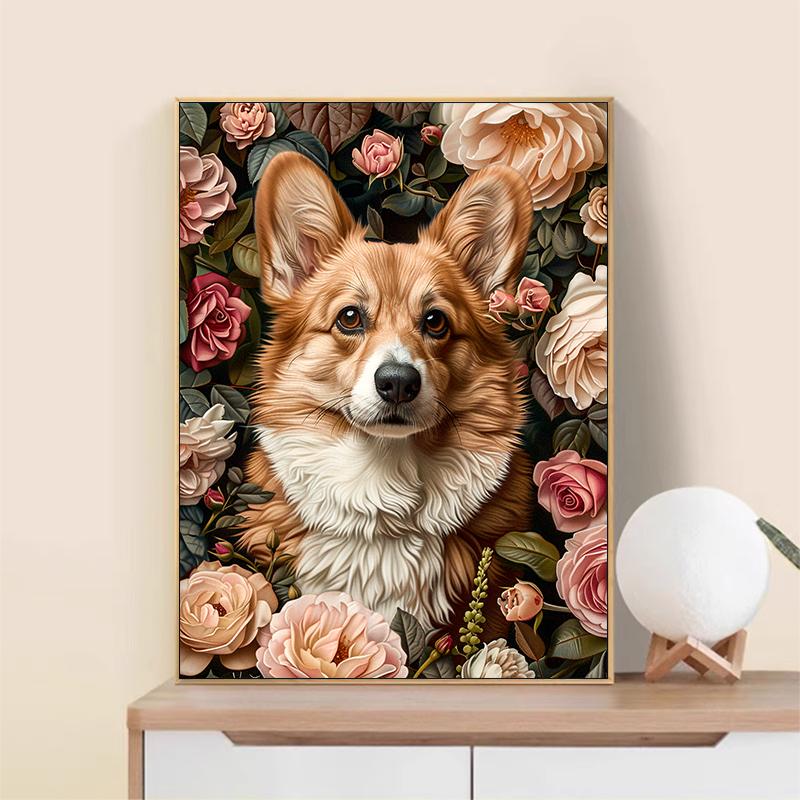 5d DIY Diamond Painting Cross Stitch Cute Animal Pet Corgi Flowers Diamond Embroidery Mosaic Full Round Drill Home Decor