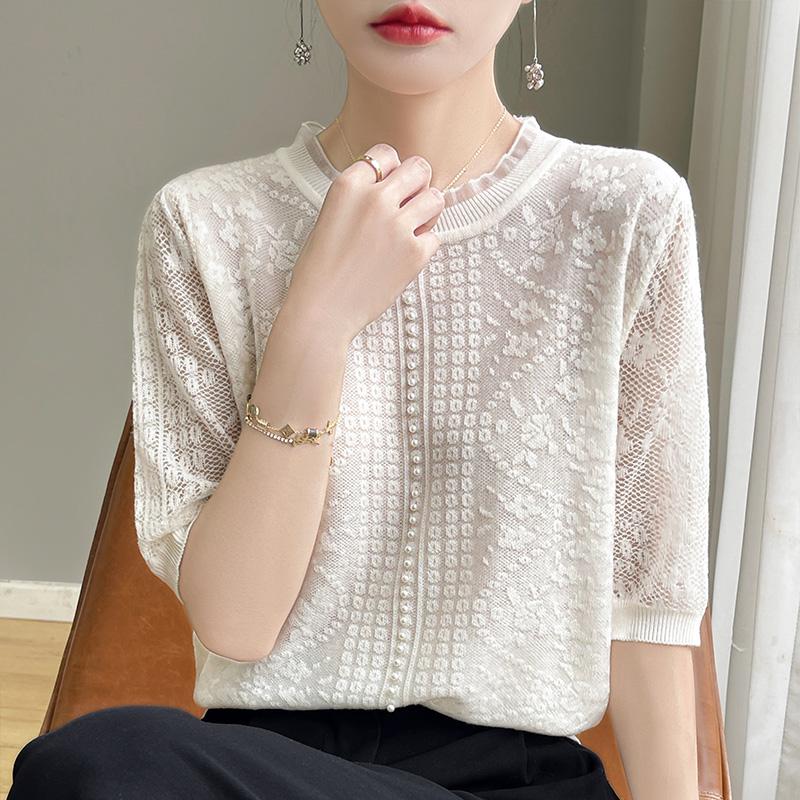 Summer Lace Openwork Knitted Short-sleeved Women's Round Neck Five-sleeve Blouse Loose Pearl Half-sleeve T-shirt
