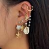 Ocean Wind Starfish Scallop Shell Earclip Set, Creative Turtle Imitation Pearl Chain Fringed Earrings