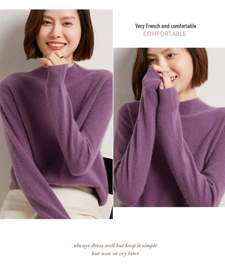 2024 Fall/Winter Women's 100% Wool Semi-High Neck Loose Knitted Sweater