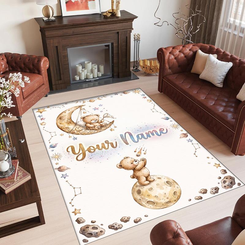 Alfombra de Terciopelo de Cristal con Temática de Osito de Peluche, Alfombrilla Suave para el Suelo con Nombre de Texto Personalizado, Decoración del Hogar