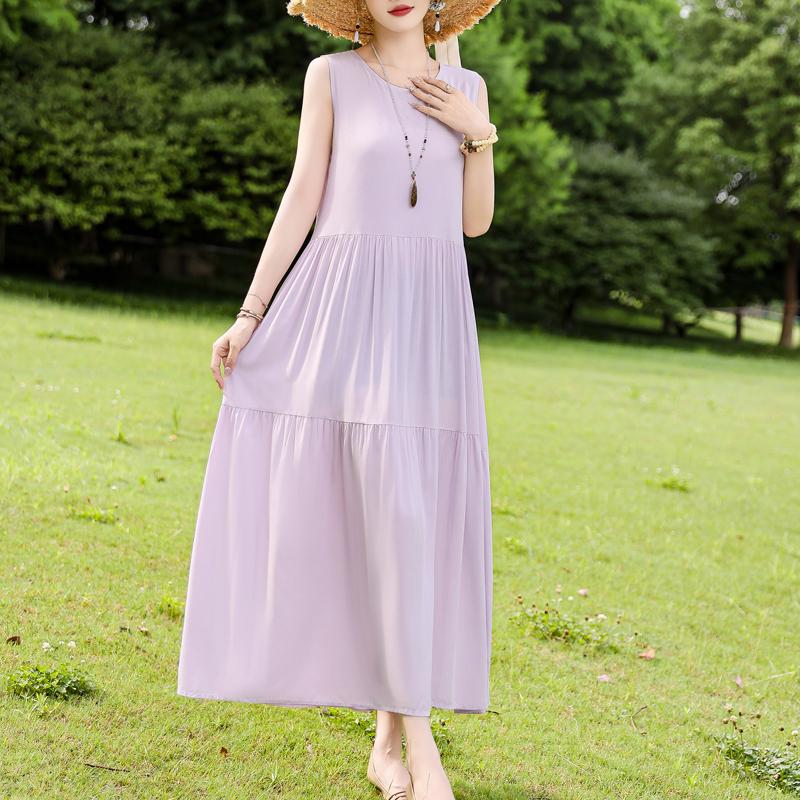 Elegant Sleeveless Dress for Women Plus Size Short Sleeve Vintage Print Long Dress Summer Casual Middle-aged Women's Clothing