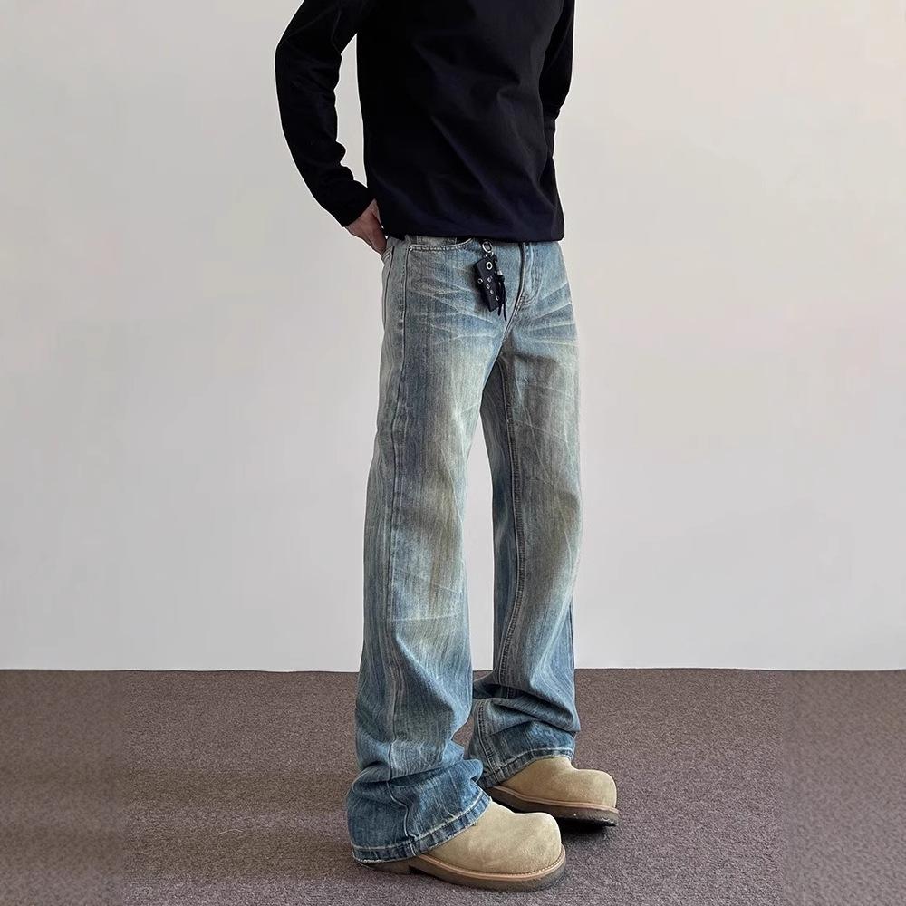 JYL Men's Slub Jeans Cleanfit Whisker Washed Straight Flare Vibe Denim Pants
