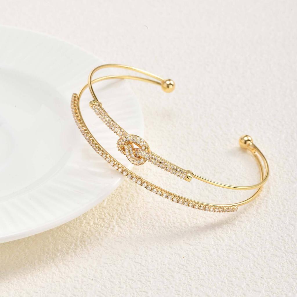 Vnox Shine Double Cuff Bracelet For Women Girls, Gold Color Thin Knot Simple Bangles, Stylish Jewelry Easy Wear