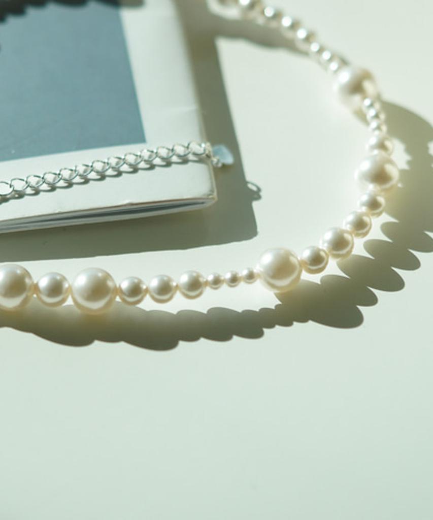 Alleun Swarovski Pearl Bead Necklace Silver 925 Asymmetrical