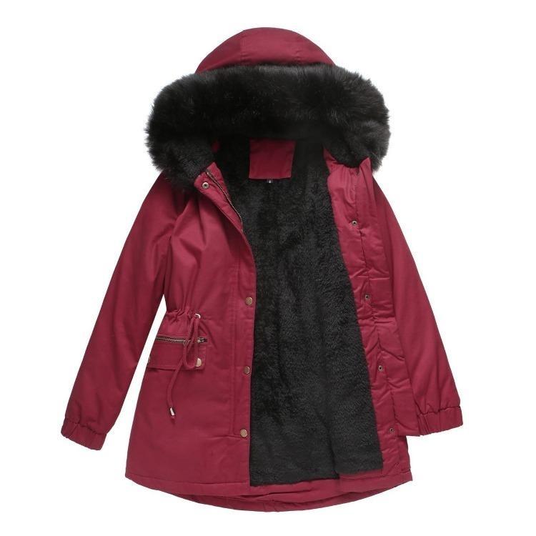 Warm Fluffy Winter Jacket Medium Long Hooded Collar Parker Coat Cotton Zipper Coat
