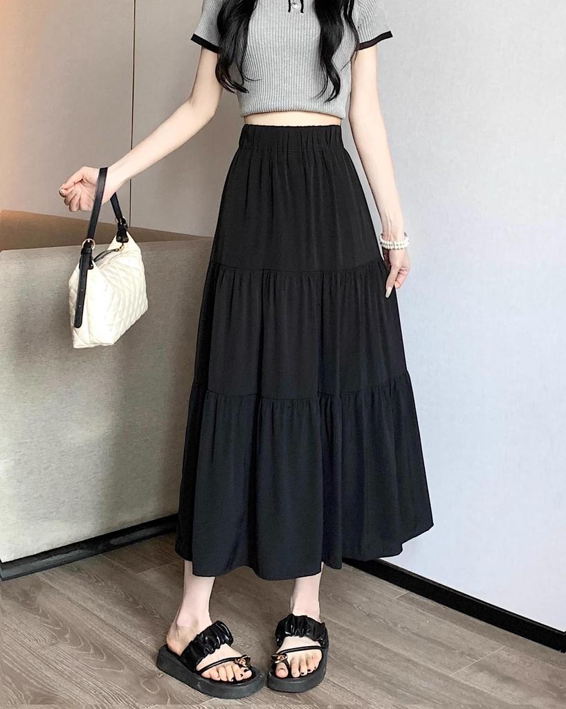 Women's Black High-Waist Pleated A-Line Long Skirt – Slim, Hip-Covering, High-End Spring Style