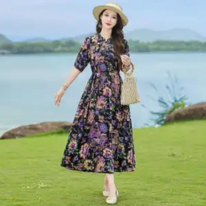 Womens Casual Floral Print Half Sleeve Loose Maxi Dress