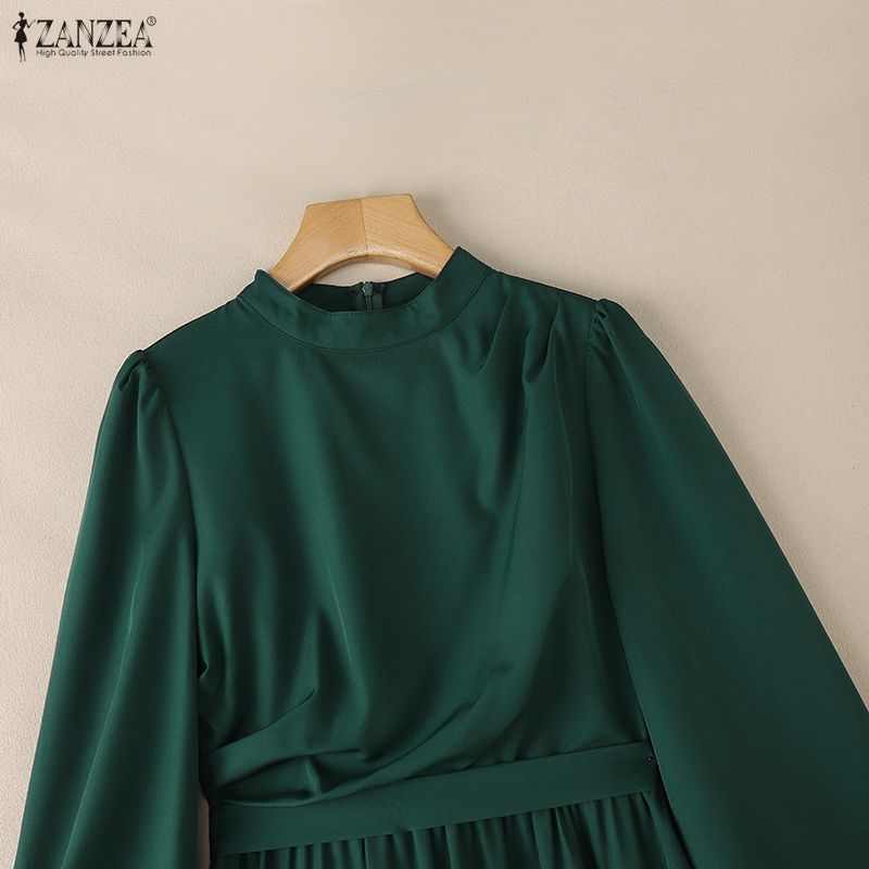 ZANZEA Women Casual Stand Collar Long Sleeve Looose Elegant Maxi Long Dress