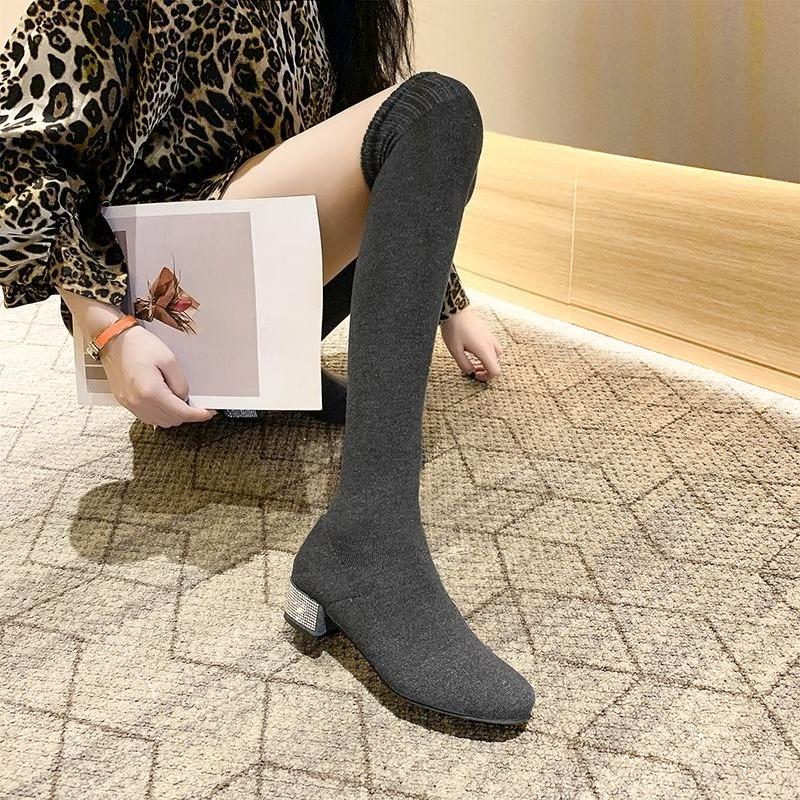 2026 Spring and Autumn Trendy Slim-Fit Elastic Sock-Style Over-the-Knee Boots for Women Slimming Medium Heel Boots