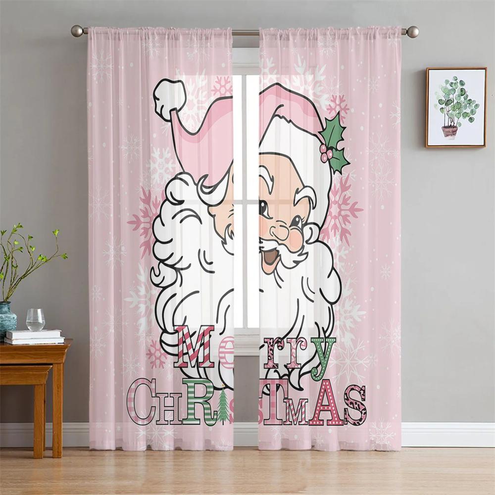 Cartoon Weihnachten Weihnachtsmann Glänzend Rot Rosa Tüll Fenstervorhänge Wohnzimmer Schlafzimmer Transparent Heimdeko Chiffon Voile Küche 2 Stück