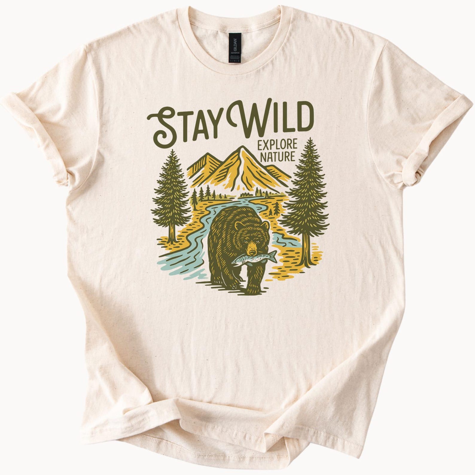 Stay Wild Explore Nature Bear River Mountain Graphic Tee Adventure Hiking Outdoors Camping Wilderness Trees Shirt 140
