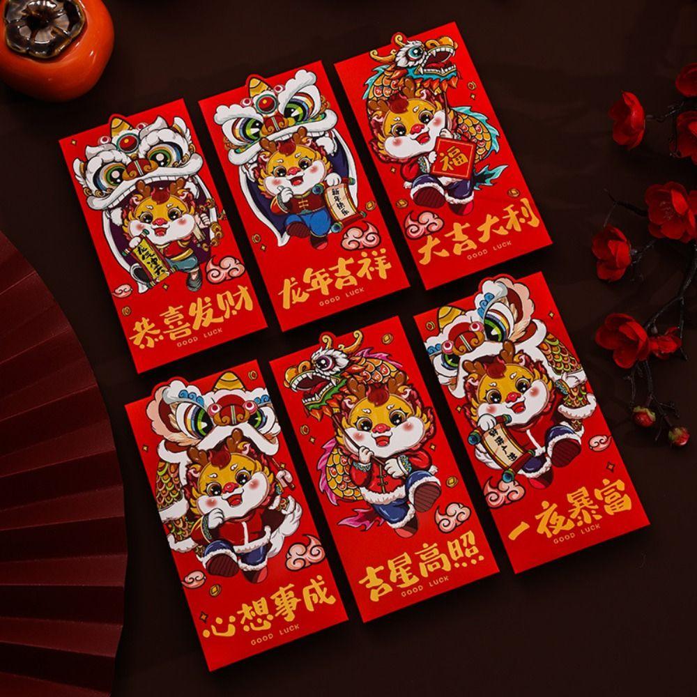 

6Pcs/set 2024 New Year Red Envelopes Spring Festival Hong Bao Red Pocket New Year Supplies B