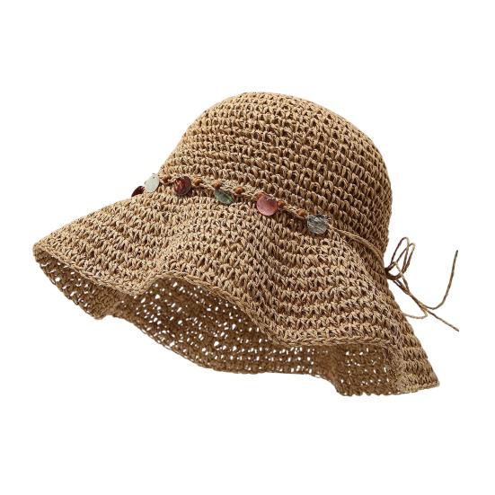 

Women Hat Wide Brim Adjustable Strap Hollow Crochet Straw Hat Breathable Foldable Summer Outdoor Sun Hat хаки
