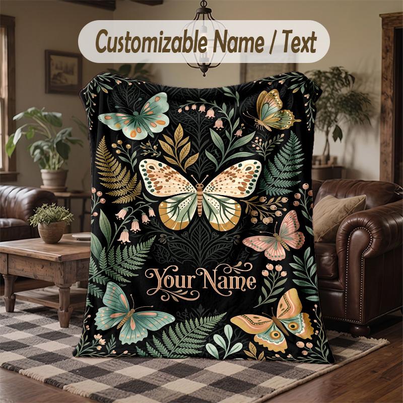Butterflies Ferns Theme Throw Blanket Custom Name Text Personalized Blanket Soft Cozy Blanket for Home Sofa Bed