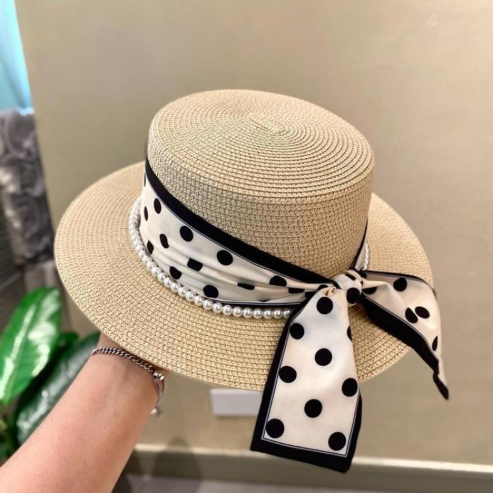 Straw Weaving Sun Protection Cap Dot Ribbon Wide Brim Hat Vacation Beach Straw Cap  Sun Protection
