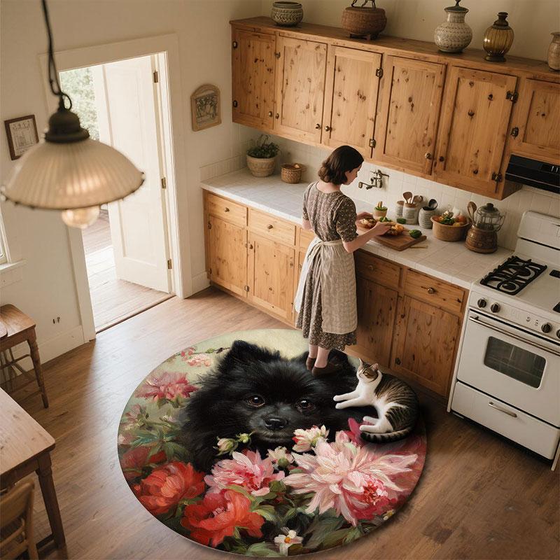 Pomeranian & Flowers pattern round rug,Carpet Rug for Living Room Bedroom Playroom ,Non-slip Floor Mat,Holiday Gifts and Birthday Gifts.