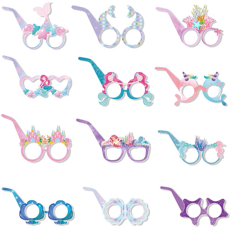 12Pcs Mermaid Party Paper Glasses Frame Cartoon Mermaid Glasses Children'S Birthday Party Gift Underwater Theme Party Supplies