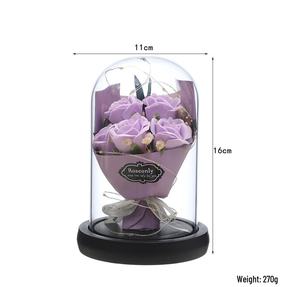 Valentine’s Day Gift: Preserved Rose Night Light Ornament with Artificial Soap Flower, Glass-Covered Souvenir.