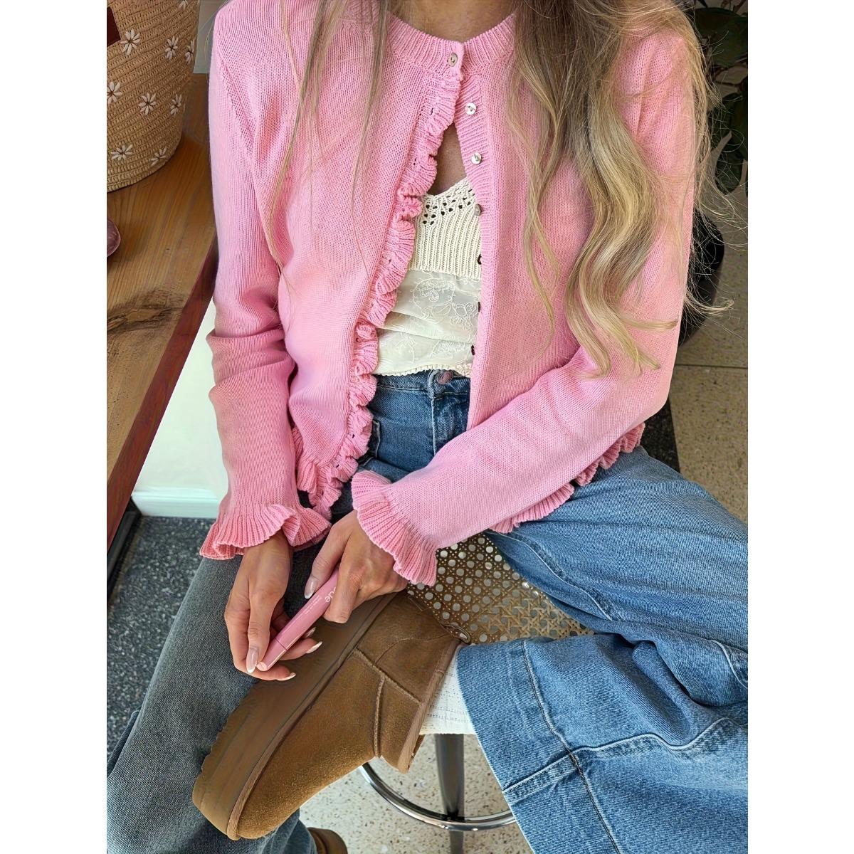 Women s Solid Color Loose French Style Knit Cardigan Long Sleeve Casual Knitwear Outerwear For Women S розовый